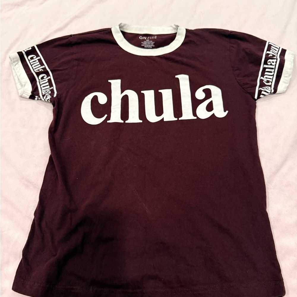On Fire Maroon and White med juniors Cotton Tee